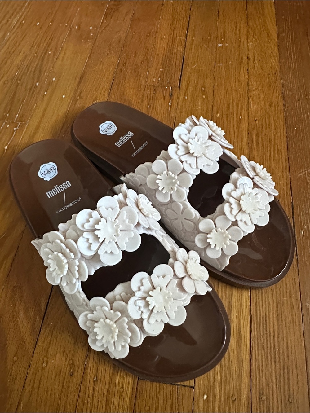 Melissa White Floral Double-Strap Slide Sandals with Brown Footbed